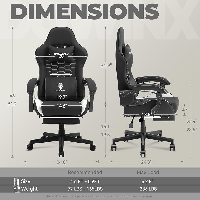 Dowinx Gaming Chair Fabric with Pocket Spring Cushion, Massage Game Chair Cloth with Headrest, Ergonomic Computer Chair with Footrest 290LBS, Black White - Image 3