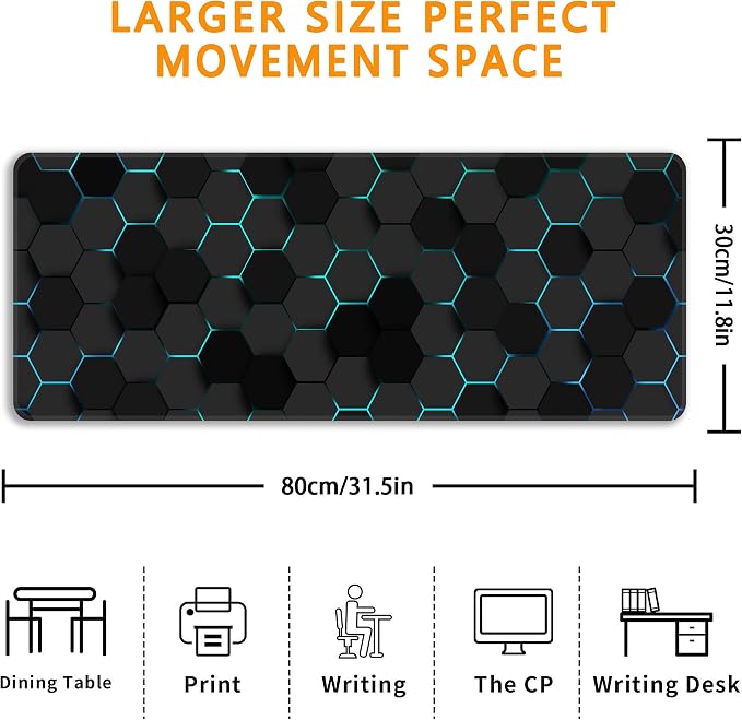 Blue Hexagon Honeycomb Desk Mat, XL 31.5"x11.8" Large Mouse Pad, Geometric Extended Gaming Mouse Mat,Non-Slip Rubber Base Waterproof with Stitched Edges for Gaming Office Home Decor - Image 3