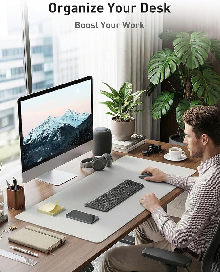 Aothia Faux Leather Desk Mat - Non-Slip PU Leather Desk Blotter, Waterproof Writing Surface, Large Desk Pad for Office & Home (Barely Grey, 55" x 24") - Image 3