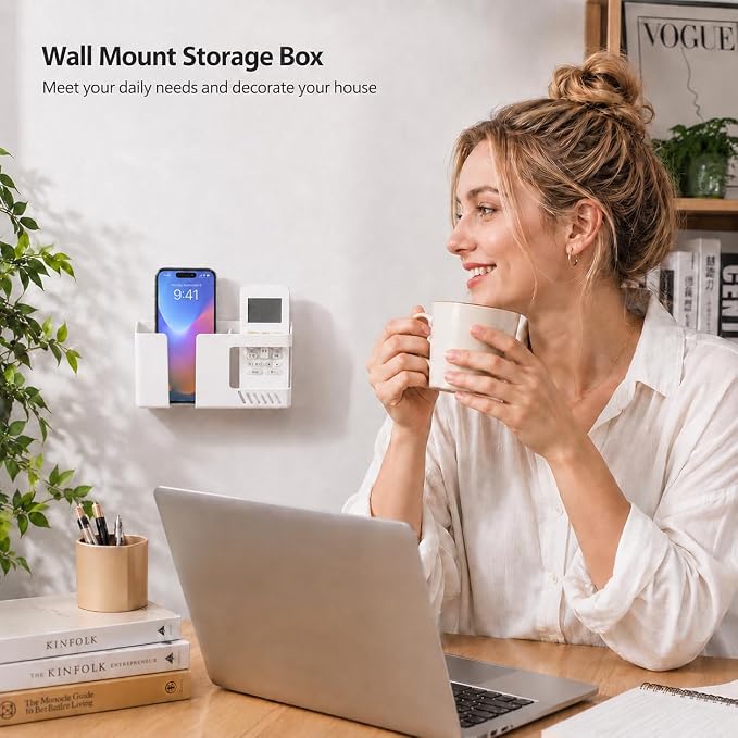 Strong Adhesive Wall Mount Phone Holder D3 Punch-Free Bedside Phone Shelf with Charging Port, Sticky Remote Control Storage Box, Bathroom & Kitchen Wall Organizer (White) - Image 4