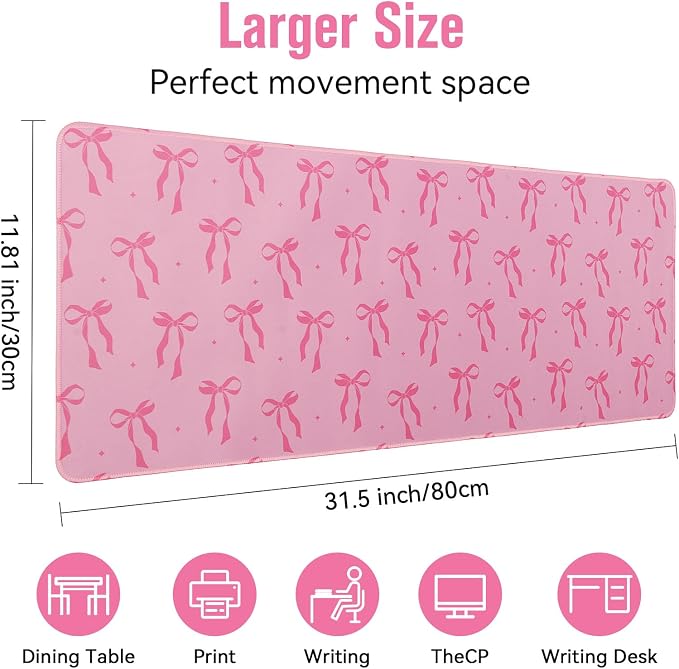 Large Gaming Mouse Pad 31.5 x 11.8in Desk Mat for Office Mousepad Anti-Skid Rubber Base Soft Comfortable and Durable Desk Pad (Pink Bow) - Image 7