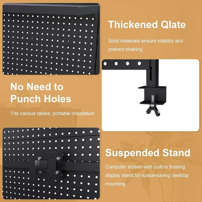 Metal Pegboard Desk Organizer with Dual Monitor Stand, 59x35 Inch Clamp-On Privacy Panel, Carbon Steel Gaming Desk Wall Organizer with 3 Accessories, Black Office Desk Storage System - Image 6
