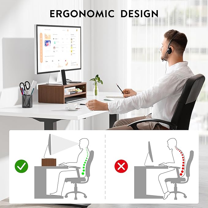 BONTEC Wooden Monitor Stand Riser for Desk, 2-Tier Computer Monitor Stand | 66 lbs Desk Shelf Organizer with Storage, Laptop & Printer Stand with Phone Holder and Cable Management, Walnut, 16.5 Inch - Image 6