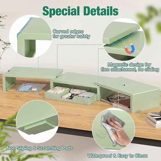 OPNICE Dual Computer Monitor Stand Riser, Desk Organizer with Drawer, Office Desk Accessories & Workspace Organizers for Home Office Supplies, Green - Image 5
