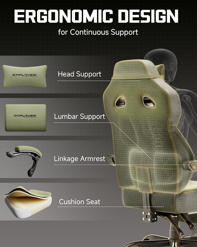 GTPLAYER Big & Tall Gaming Chair, Wide Seat with Footrest, Green | Ergonomic High Back Computer Desk Chair for Adults, Comfort Padded Seat with Lumbar Support Armrests Recliner for Office/Home - Image 7