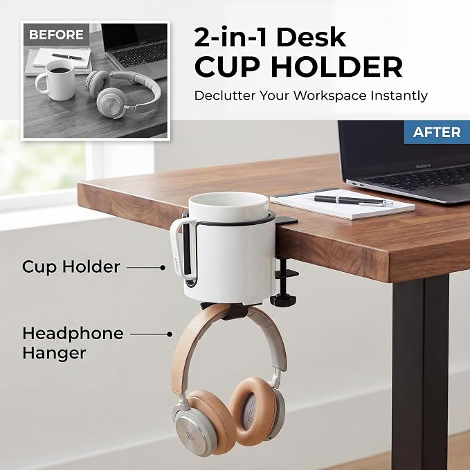 GUNKING Luxury 2-in-1 Anti-Spill Cup Holder with Headphone Hanger (White) - Image 2