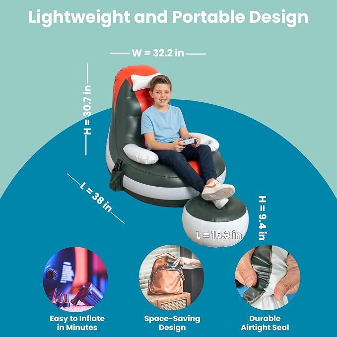 Inflatable Gaming Chair for Kids – Supports Up to 300 lbs, Includes Air Pump, Cup Holder, 2 Pockets – Durable Bean Bag Seat, Comfy Kids Gaming Chair & Top Gamer Chairs for Kid Room - Image 2