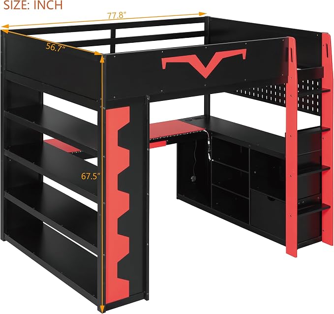 Merax Full Size Gaming Loft Bed with Desk and RGB LED Lights, Pro-Gamer Bed with Power Outlet, Large Bookshelf, Pegboard, Keyboard Tray & Drawer, Red - Image 2