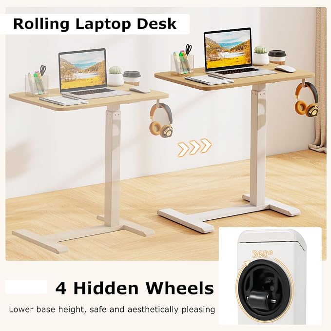 Tangkula Mobile Standing Desk, Pneumatic Height Adjustable Rolling Desk with Cup Holder & Headphone Hook, Overbed Table with Hidden Wheels, Laptop Computer Cart for Couch, Home, Office (Natural) - Image 6