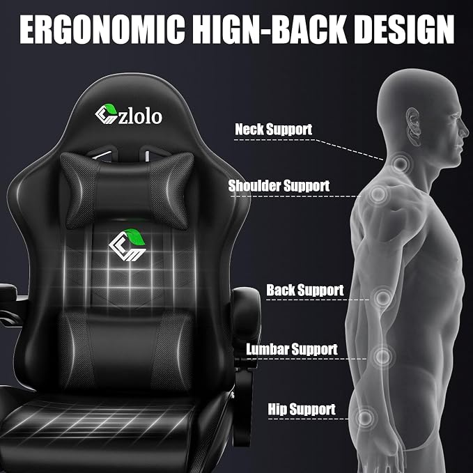 Czlolo Gaming Chair with Footrest Racing Style Lumbar Support Massager Video Game Chair with Metal Legs, High Back Gamer Chair with Headrest, 360° Swivel Office Computer Desk Chair (Black) - Image 4