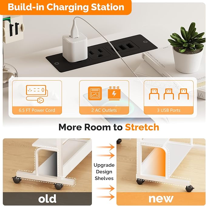 FCH 31.5" Mobile Small Standing Desk, Adjustable Height Mobile Computer Desk, w/2 AC Outlets + 3 USB Ports & Hooks, Storage Shelves, Suitable for Gaming, Studying, Home Office, White - Image 5