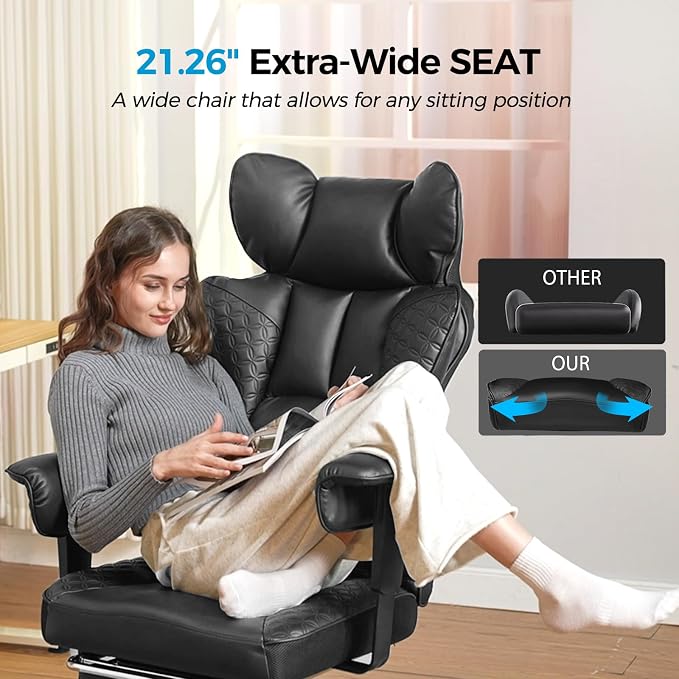 COMHOMA Big and Tall Office Chair Heavy Duty Wide Ergonomic Gaming Chair with Deluxe Embossing Designed Leather with Foot Rest,150°Reclining Adjustable Armrests Pocket Spring Back Support and Pillow - Image 6