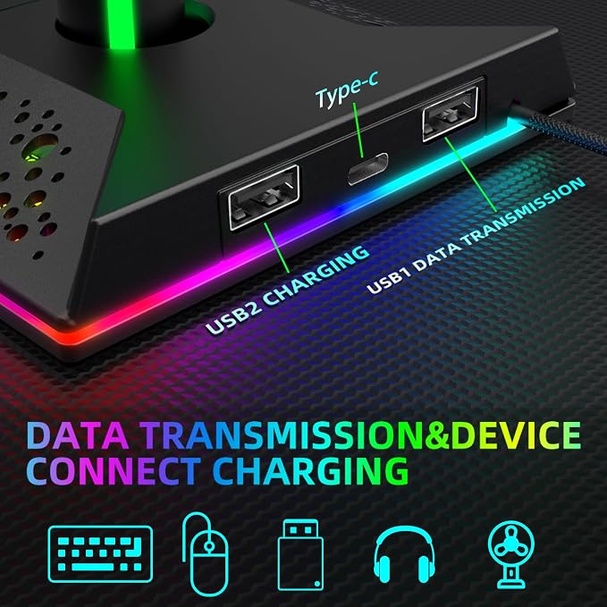 Gaming Headphone Stand PC Accessories - RGB Headset Stand with 2 USB and 1 Type-C Ports, LED Headphone Stand Gift for Boys Men, Computer Game Accessories for Desk - Image 4