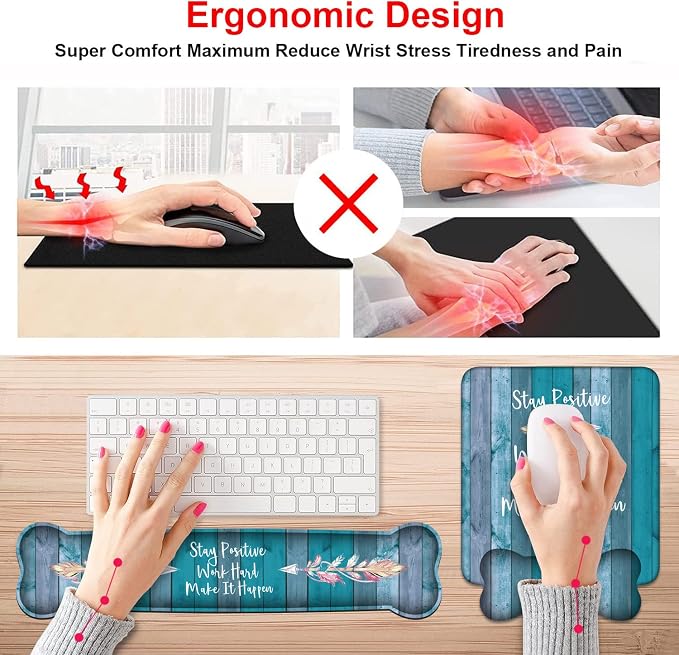 Keyboard Wrist Rest and Mouse Pad Wrist Support Set, Inspirational Quote Stay Positive Work Hard and Make It Happen Non-Slip Rubber PU Base for Home Office Working Studying Easy Typing & Pain Relief - Image 3