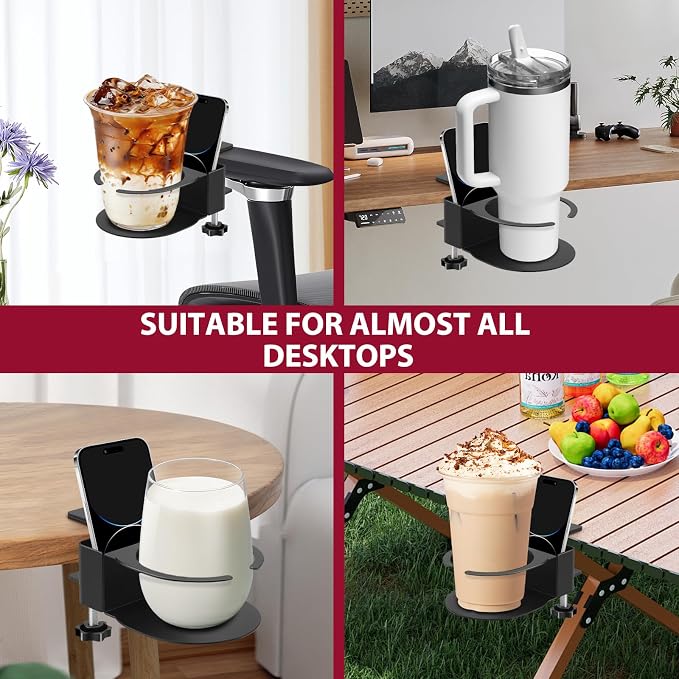 Desk Cup Holder for Coffee Mugs, Tumblers, Water Bottles with Mobile Phone Stand, Anti-Spill Metal School Home Office Accessories (Black-1) - Image 6