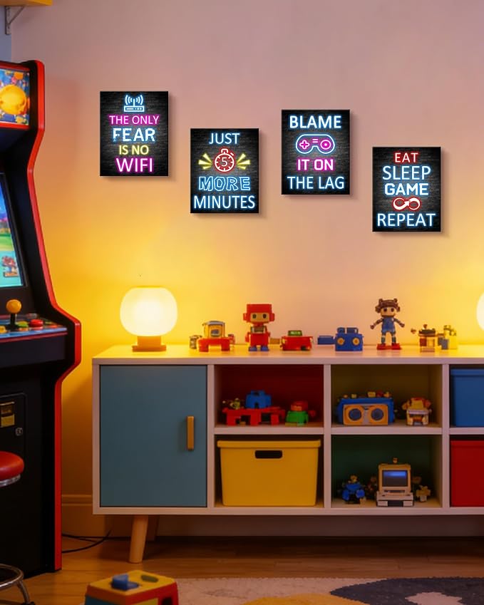 KUVIOKE Video Gamer Room Neon Decor for Teen Boys Gaming Wall Art Gamer Signs Teenage Bedroom Decor Set of 4, 8x10in (Framed) - Image 8