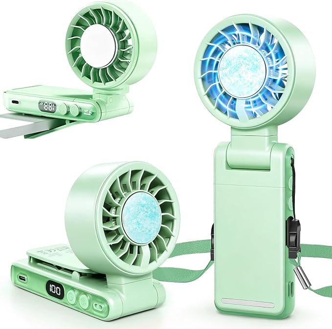 Handheld Portable Turbo Fan with Ice Cooling,5 Speed Rechargeable LED Display Foldable Hand Held Personal Clip/Neck/Waist Fan,180°& 360° Adjustable,Pocket Mini Fan for Outdoor/Home/Office (Green) by Ciaien