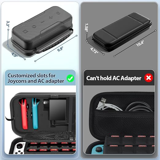 Switch Carrying Case Compatible with Nintendo & OLED, Portable Switch Travel Carry Case Fit for Joy-Con and Adapter, Hard Shell Protective OLED Pouch Bag with 20 Games, Black - Image 7