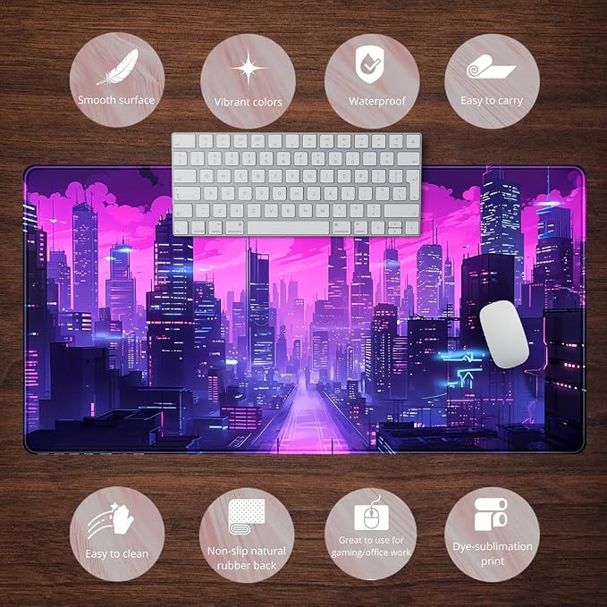 Cyberpunk Neon Purple City Gaming Desk Mouse Pad XL Pink Extended Mouse Pad Gaming, Keyboard Pc Office Laptop Mousepad Large, 31.5x15.8 in with Stitched Eges Non-Slip Base Mouse Pads - Image 6