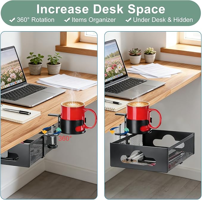 Desk Cup Holder Clamp, Clip On Table Cup Holder with Rotation Drawer - Image 6