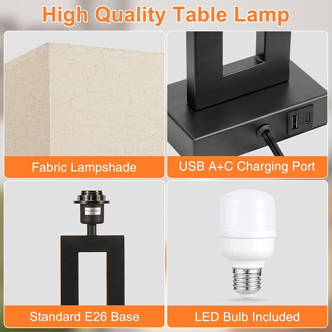Seealle 22" Tall Living Room Lamps for Night Stands - Touch Bedside Lamp with USB C+A, 3 Way Dimmable Bedroom Lamps for End Tables Set of 2, Modern Night Stand Lamps for Bed Side(Beige&Black) - Image 5
