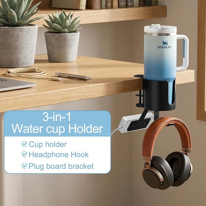 3 in 1 Desk Cup Holder Clamp, Clip On Table Cup Holder with Headphone Hook - Image 5