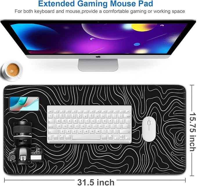 Large Extended Gaming Mouse Pad, 31.5x15.7 inch Computer Keyboard Mouse Mat, Water Resist Non-Slip Mousepad Rubber Base Long XXL Desk Mouse Pad for Gaming, Office & Home, Black White Lines - Image 2
