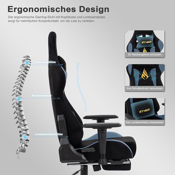 Symino Gaming Chair, High Back Ergonomic Office Chair with 2D Adjustable Armrests, 150° Recline, Breathable Faux Suede, Adjustable Headrest & Footrest for Home Office - Image 4