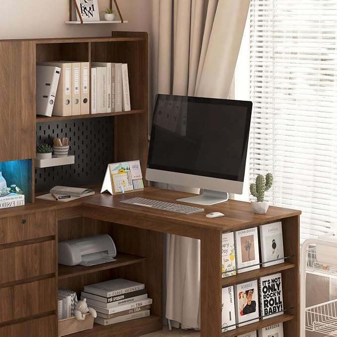 KEIKI L Shaped Home Office Desks with LED Light, Pegboard, Hutch, Drawers, Bookshelf & Storage Shelves, Modern Wooden Gaming Computer Corner Table for Work, Study, Writing - Image 6