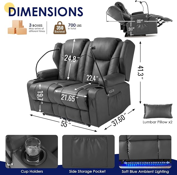 Redlife Power Loveseat Recliner Sofa with Blue LED Base Lights - Image 3