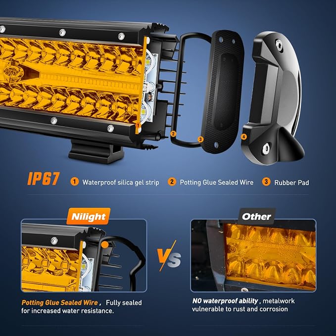 Nilight Led Light Bar 12 Inch Amber 300W Spot Flood Combo Waterproof Triple Rows Off Road Fog Light with 5Pin Rocker Switch Wiring Harness Kit-1 Lead - Image 6