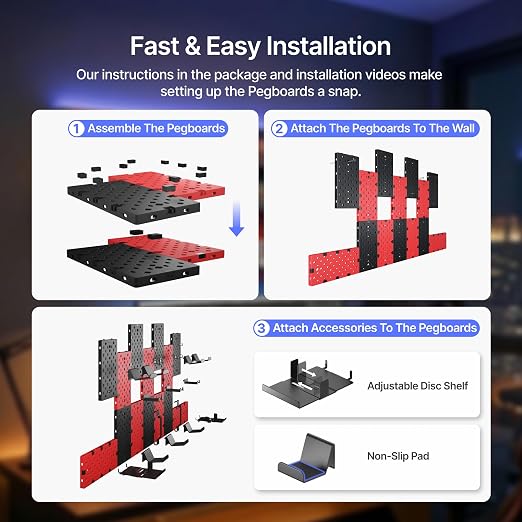 PEGZONE Controller and Headphone Holder Wall Mount, 14pcs, Black & Red | Modular Gaming Pegboard with Accessories, Controller Stand, Disc Shelf Organizer - Image 8