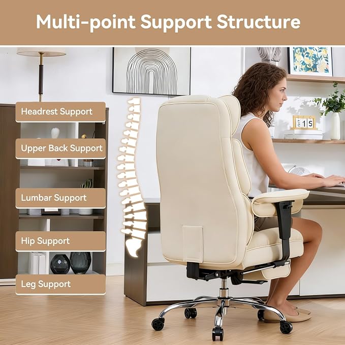 Efomao Executive Office Chair, Beige Fabric Big and Tall Desk Chair | Breathable fabric, pocket spring & foam seat, retractable footrest, 135° recline for computer gaming setup - Image 4