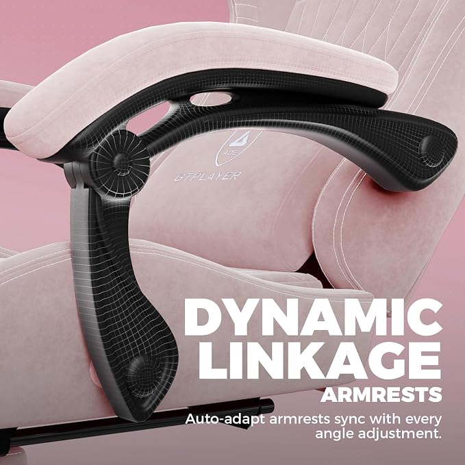 GTPLAYER ACE-PRO Music Gaming Chairs – Built-in Speakers, App Support & Bluetooth Control, Computer Game Chairs with Footrest for Adults, Ergonomic Reclining Silla, Linkage Armrest, Pink 【Velvet】 - Image 6