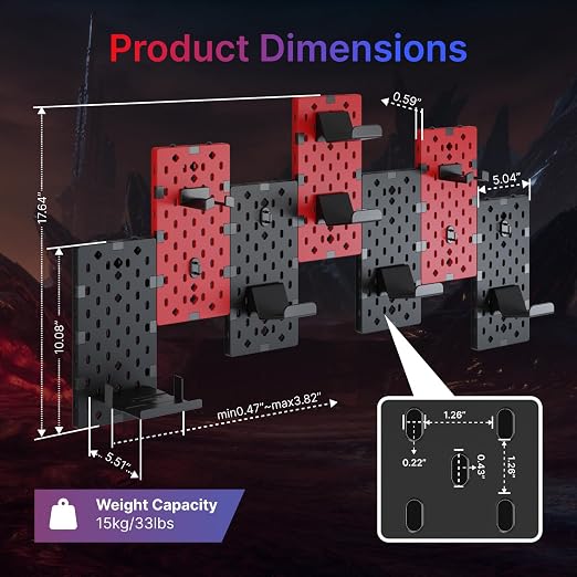 PEGZONE Controller and Headphone Holder Wall Mount, 7pcs, Black & Red | Modular Gaming Pegboard with Accessories, Controller Stand, Disc Shelf Organizer - Image 6