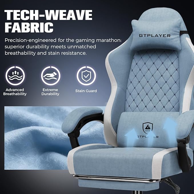GTPLAYER Gaming Chair, Ergonomic Computer Chair with Footrest and Lumbar Support, High Back Recliner Chair 350lbs, Height Adjustable for Home Office, Light Blue - Image 8