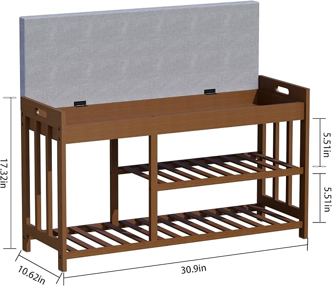 Bamboo Shoe Storage Bench with Cushioned Seat 3-Tier Entryway Shoe Rack - Image 2