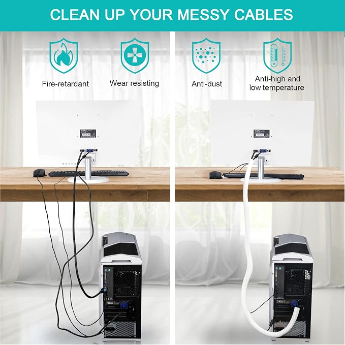 6.6ft - 2/3 inch White Cable Sleeve, Cable Organizer for Desk PC TV Computer, Wire Protector Cable Wrap Cover, Cord Management for Home Office - Image 4