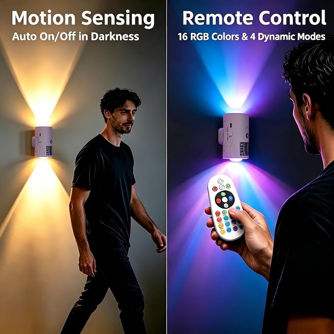 4 Pack RGB Dynamic Gradient Step Lights, Rechargeable Motion Sensor LED Wall Lamp with Remote, 1200mAh Dimmable Magnetic Mount Night Light for Staircase Hallway Bedroom Kitchen Bar - Image 5