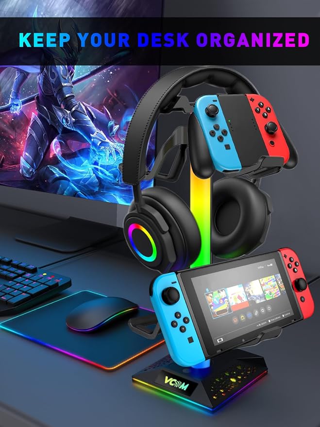VCOM RGB Gaming Headphones Stand with 2 USB and 1 Type-C Ports, Headset Stand with 10 Light Modes and Non-Slip Rubber,Suitable for All Earphone Accessories, Best Gift for Desk Gamers - Image 6
