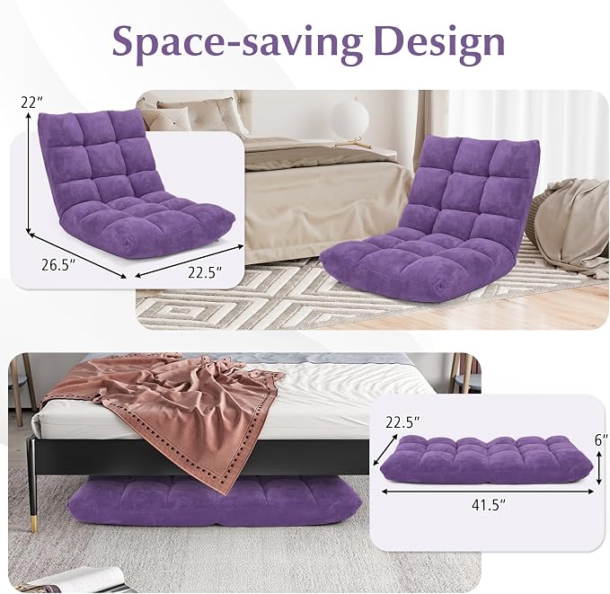 14-Position Lazy Sofa Chair with Back Support, Soft Coral Fleece, Recliner for Gaming, Reading, Meditating, Yoga (Violet) - Image 4