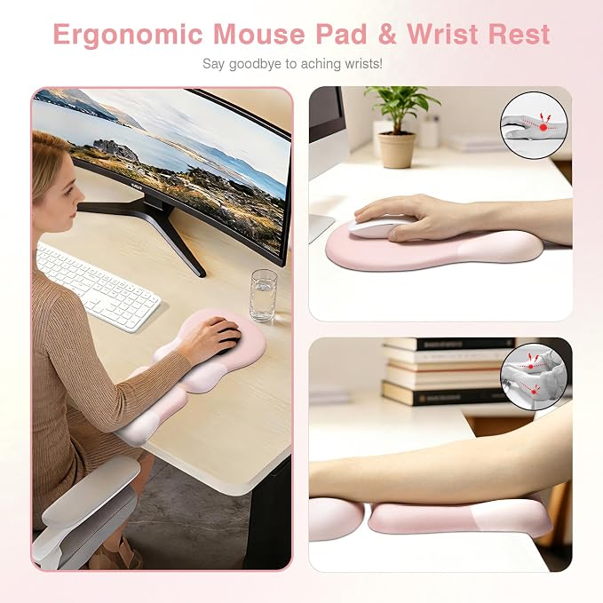 Ospelelf Mouse Pad with Wrist Rest Set Foam L-Shaped Desk Elbow Pad Ergonomic Desk Edge Cushion Anti-Slip Rubber Bottom Office Women Desk Accessories for Computer, Laptop and Gaming, Pink - Image 2