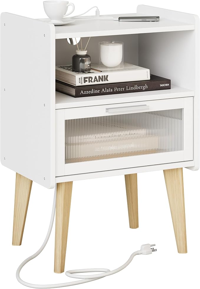 MMEOLUOOK Nightstand with Charging Station, Bedside Tables with Glass Decorative Door, End Table Side Table with 2 Tiers Storage Space, for Bedroom, Living Room, White CAMLBZ07WE by MMEOLUOOK