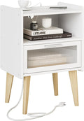 MMEOLUOOK Nightstand with Charging Station, Bedside Tables with Glass Decorative Door, End Table Side Table with 2 Tiers Storage Space, for Bedroom, Living Room, White CAMLBZ07WE by MMEOLUOOK