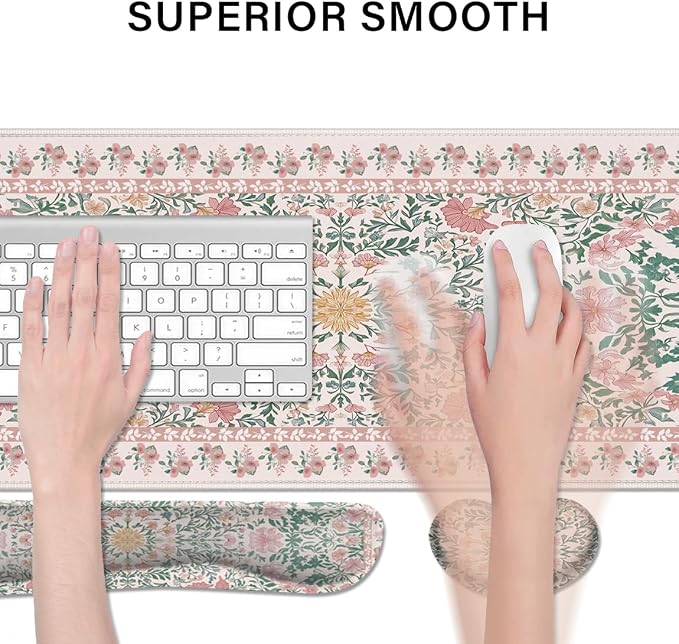 Desk Pad and Keyboard Wrist Rest, Large Mouse Pad + Keyboard Pad+Mouse Wrist Support, Non-Slip Desk Mat Protector for Office, Home 31.5×11.8 Inches Pink Floral - Image 3