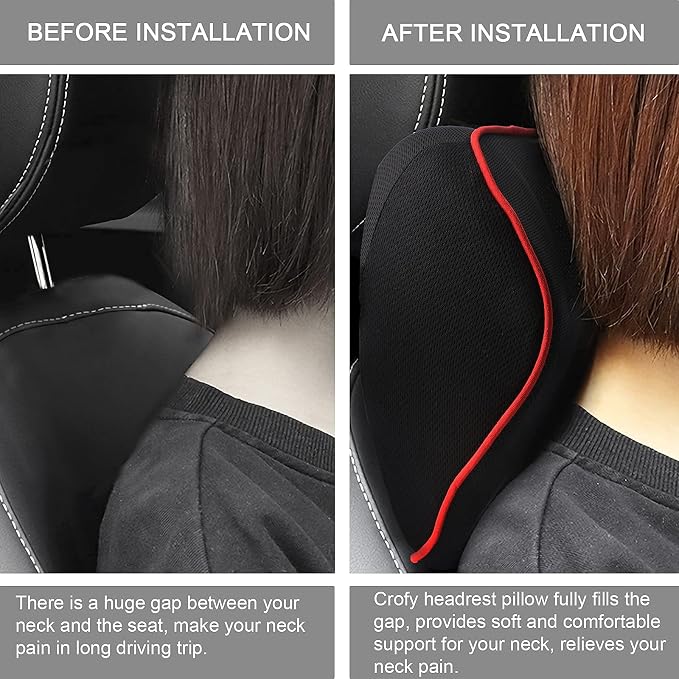 Crofy 2-Pack Car Neck Pillow, Headrest Pillow with Adjustable Strap, Black | Soft Memory Foam; Ergonomic Design Fits Most Car & Office Chairs; Breathable Removable Pillow Cover Is Machine Washable - Image 6