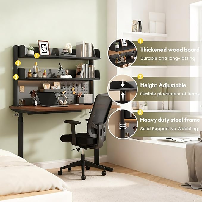 Clamp On Desk Shelf Organizer with Pegboard Desk Hutch Dorm with Storage Bookshelf Desk Top Organizer Shelf Multi-Purpose White & Black Desktop Shelves & Office Shelves (Black, W - 39.4") - Image 5