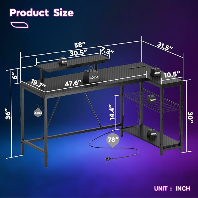 Bestier 58-Inch L-Shaped Gaming Desk with Charging & LED, Black - Image 2