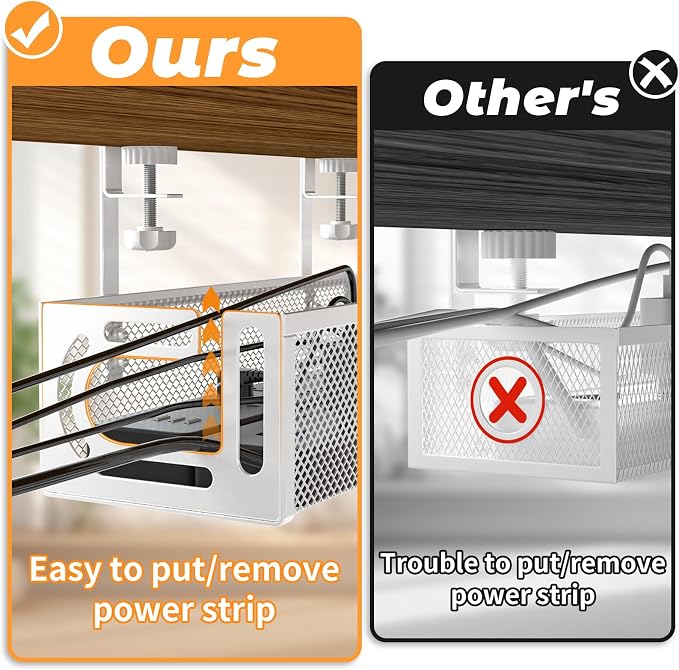 Under Desk Cable Management Tray, 15.7'' No Drill Steel Desk Cable Organizers, Wire Management Tray Cable Management Rack (2 Packs-White) - Image 2