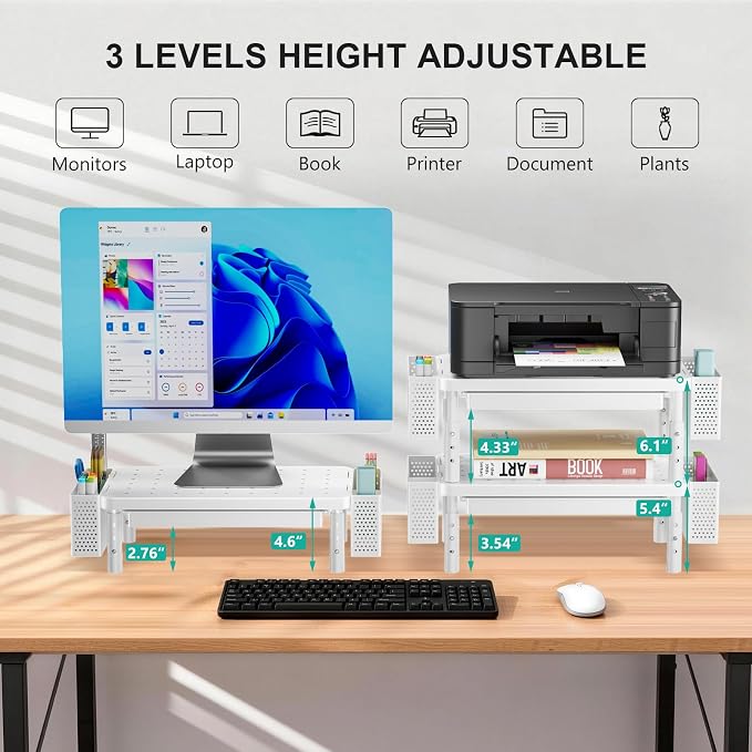 WALI Computer Monitor Stand with Storage and Pen Holder | 3 Height Adjustable Desk Organizer with Drawer, Desk Laptop Monitor Riser for Computer, Printer(PTT003-W), 1 Pack, White - Image 2